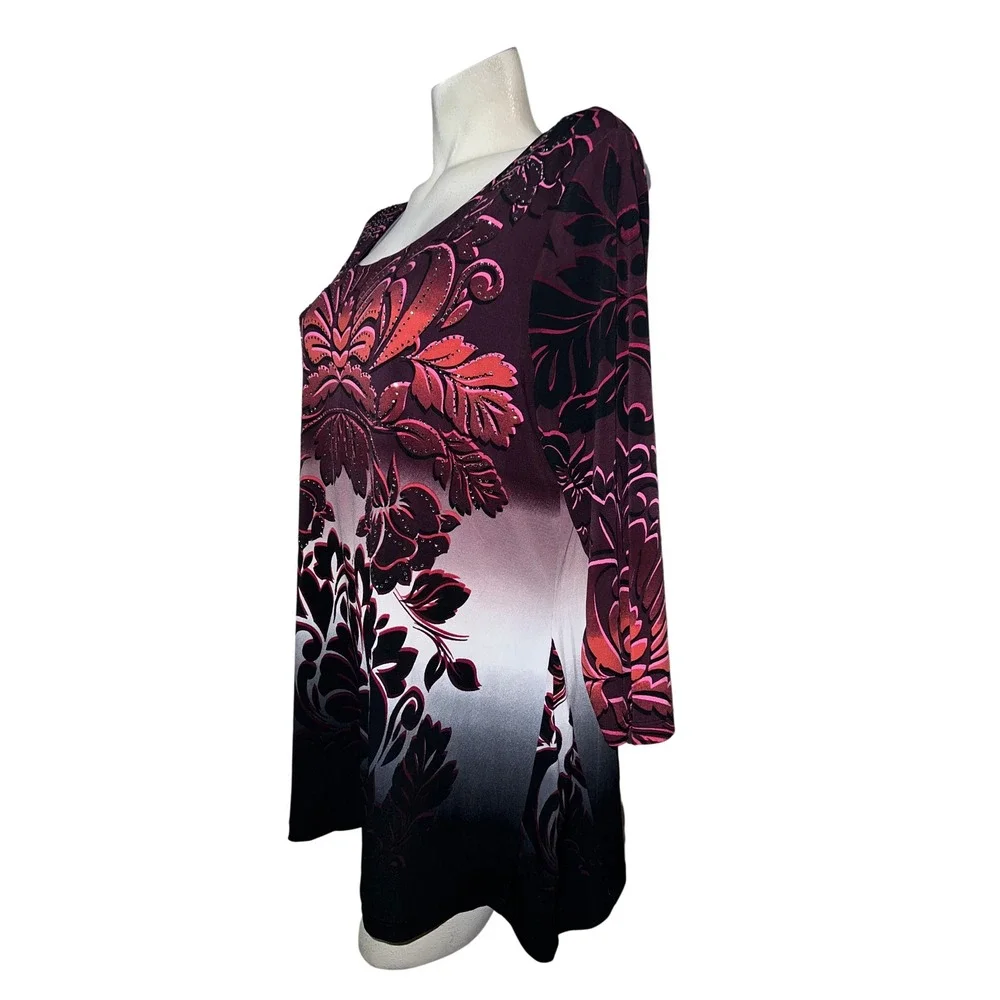 JM Collection Womens XL Floral Ombre Rhinestone Sharkbite Tunic Top Plum Black - Picture 4 of 8